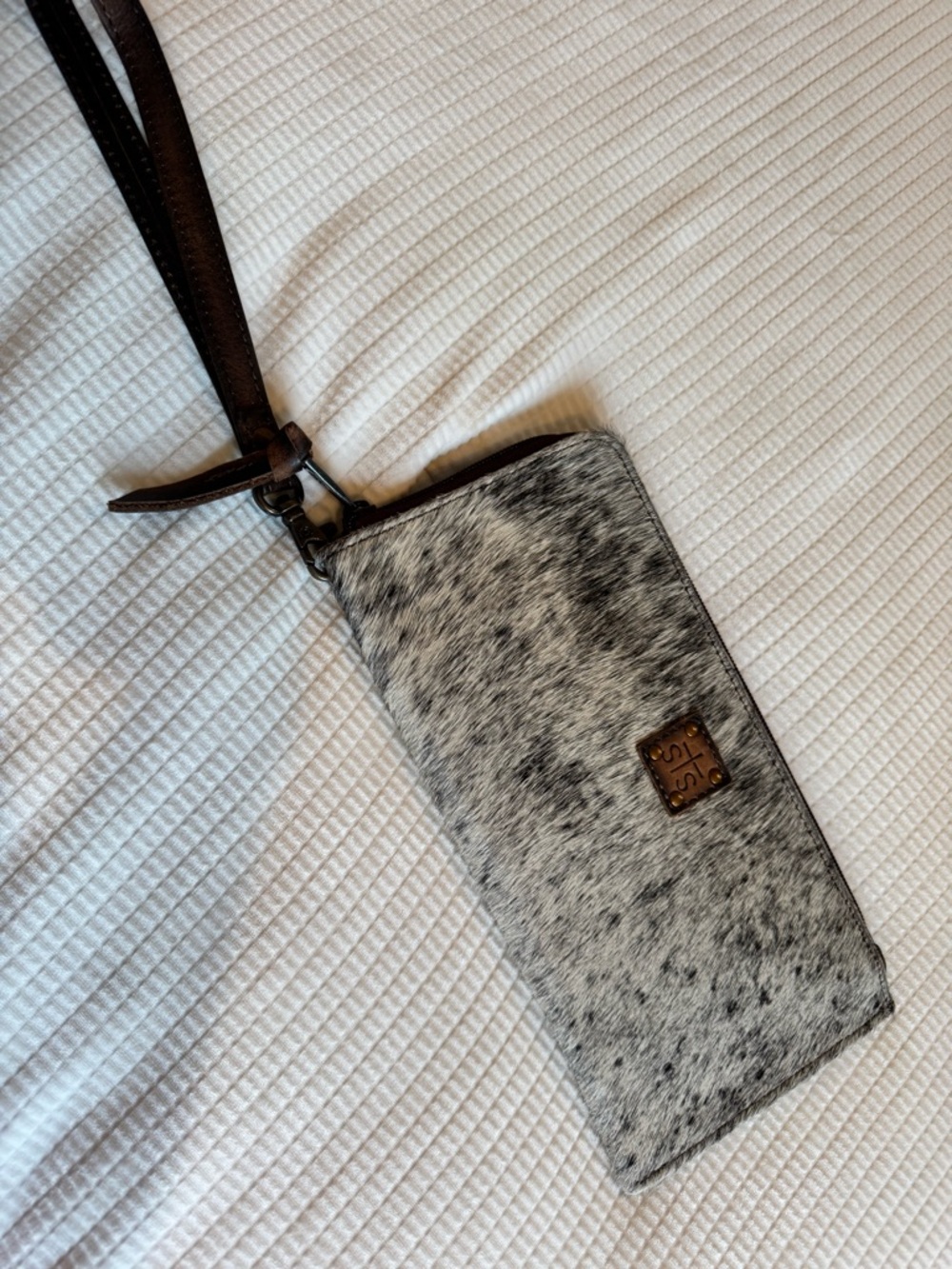 STS Ranchwear Gray Speckled Genuine Hair-on-Hide Wristlet Brown Leather Strap